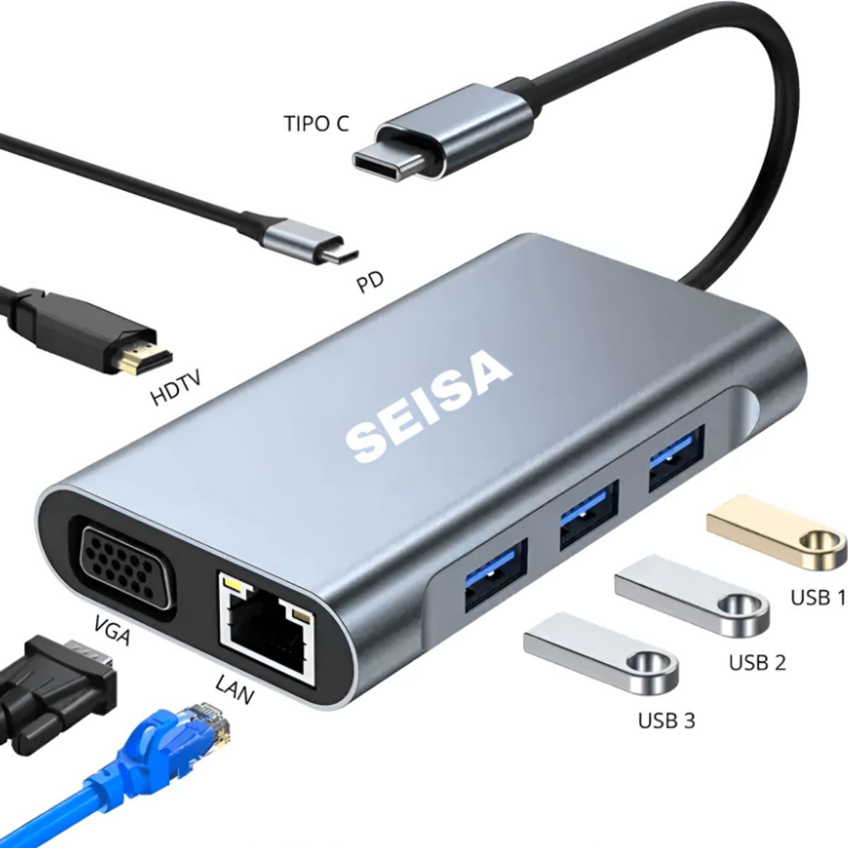 SEISA - Adaptador HUB USB SEISA BYL-2111 TIPO C - 7 IN 1 - VGA HDTV PD