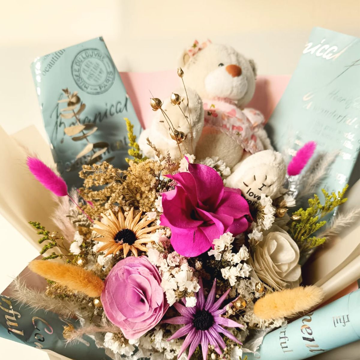 GENERICO - Ramo de Flores Secas Peluche Osito Blanco