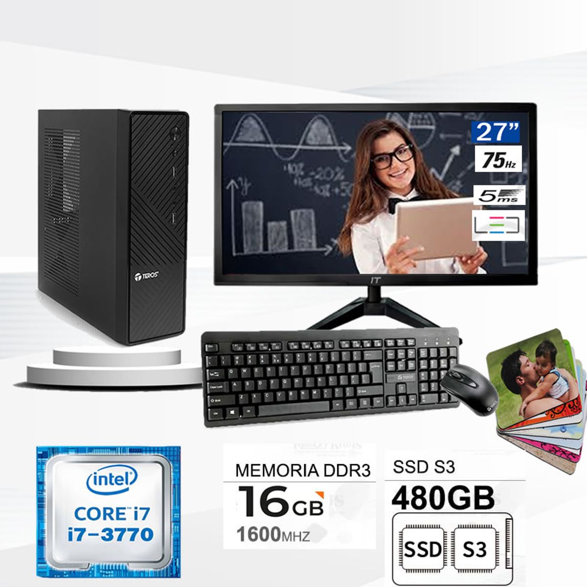 TEROS - Computadora Pc Intel Core i7 3770  Monitor plano 27 fhd' RAM 16 GB SSD 480  GB