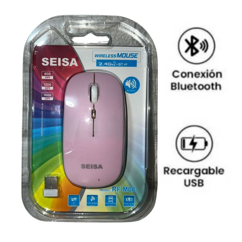 SEISA - Mouse inalámbrico recargable Seisa con bluetooth color rosado RF-M08