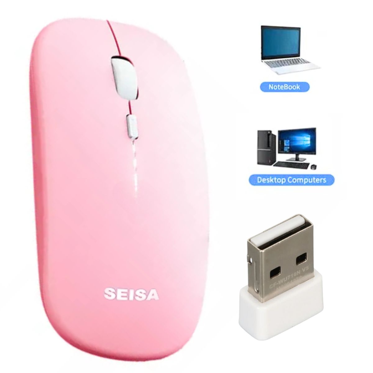 SEISA - Mouse inalámbrico recargable Seisa con bluetooth color rosado RF-M08