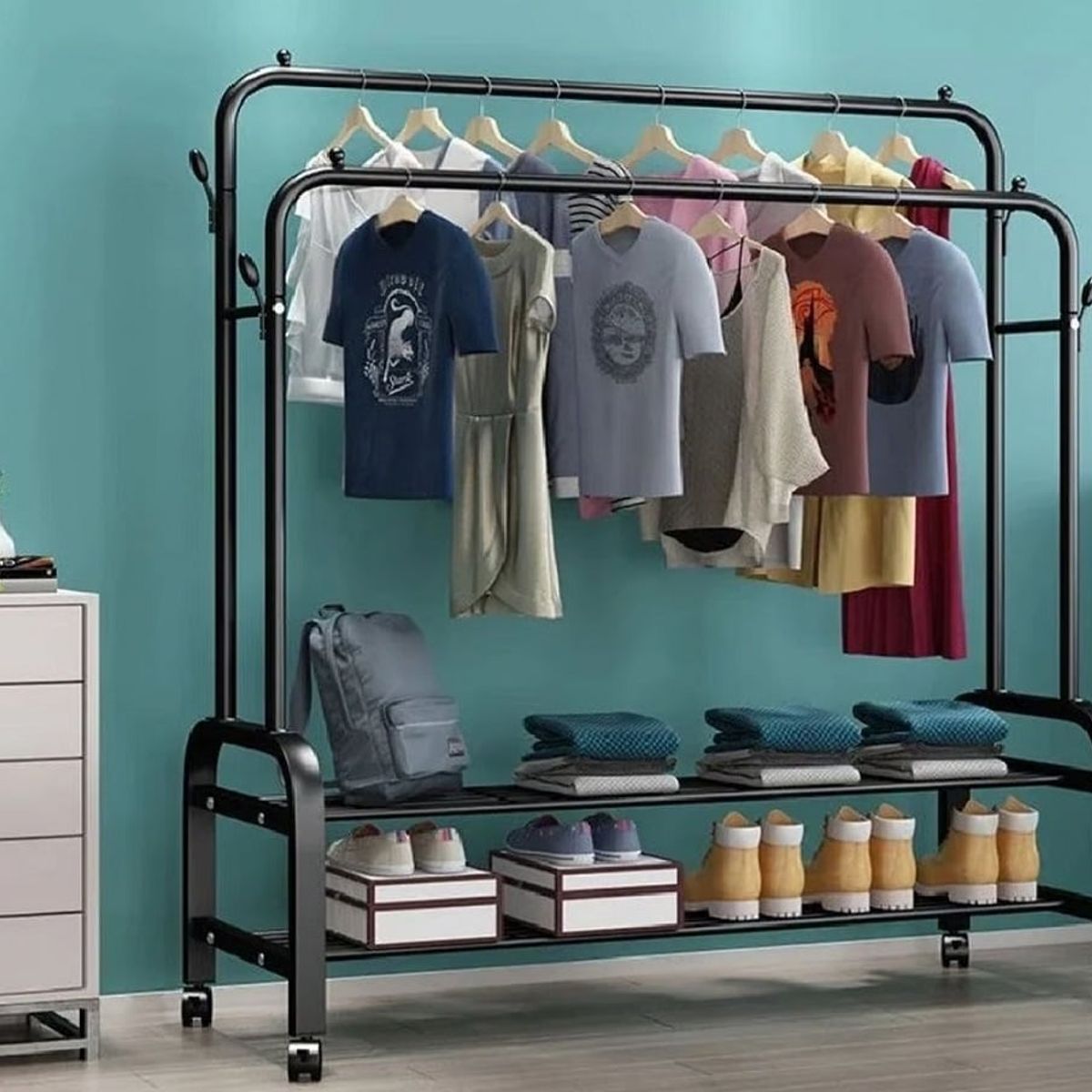 GENERICO - Organizador De Ropa Doble De 2 Niveles con Ruedas Premiun Negro