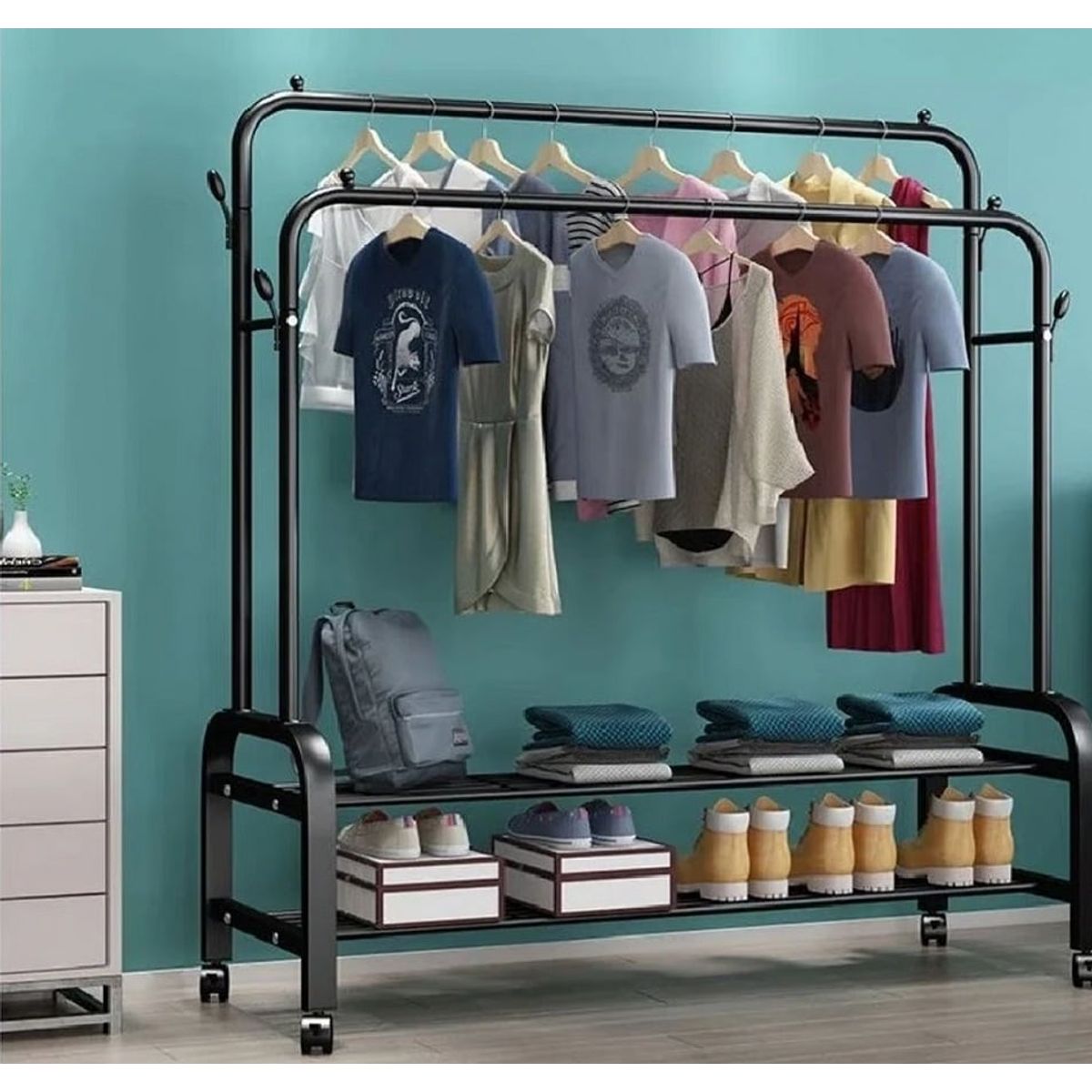 GENERICO - Organizador De Ropa Doble De 2 Niveles con Ruedas Premiun Negro