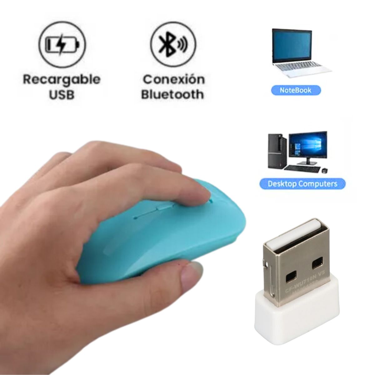 SEISA - Mouse inalámbrico recargable Seisa bluetooth color Celeste RF-M08