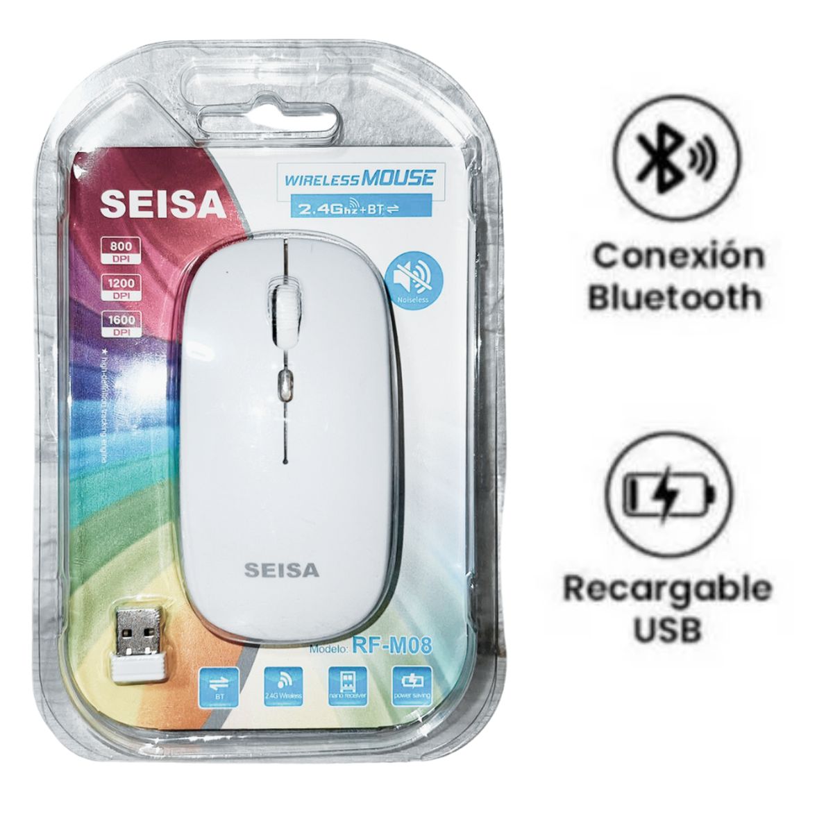 SEISA - Mouse inalámbrico recargable Seisa bluetooth color Blanco RF-M08
