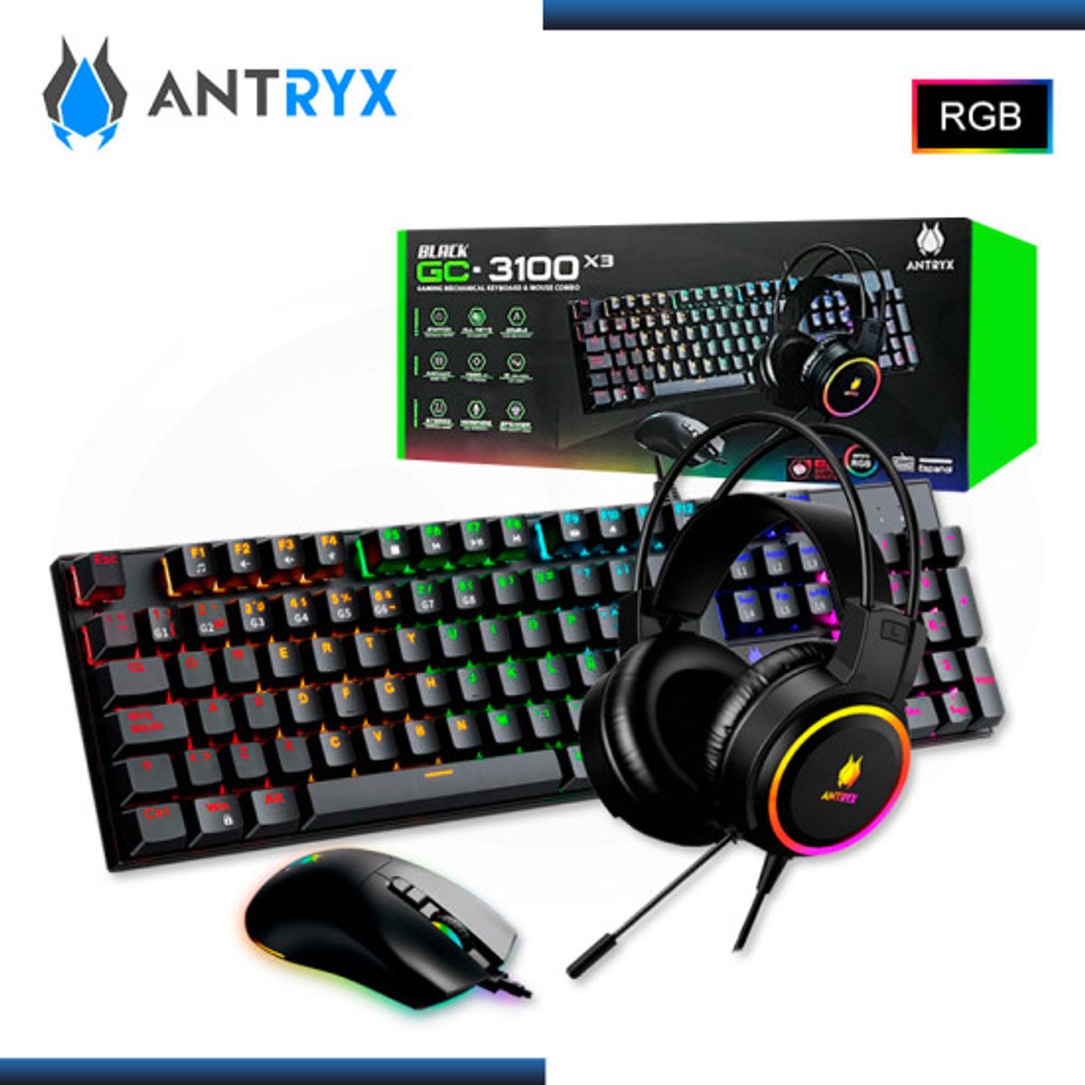 ANTRYX - KIT GAMING AUDIFONO + TECLADO+ MOUSE ANTRIX GC3100 X3 BLACK RED BLUE