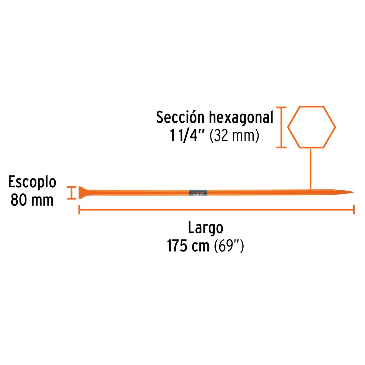 TRUPER - Barreta 1 1/4" (32mm) x 69" (175cm) Hexagonal de Punta 10765 Truper