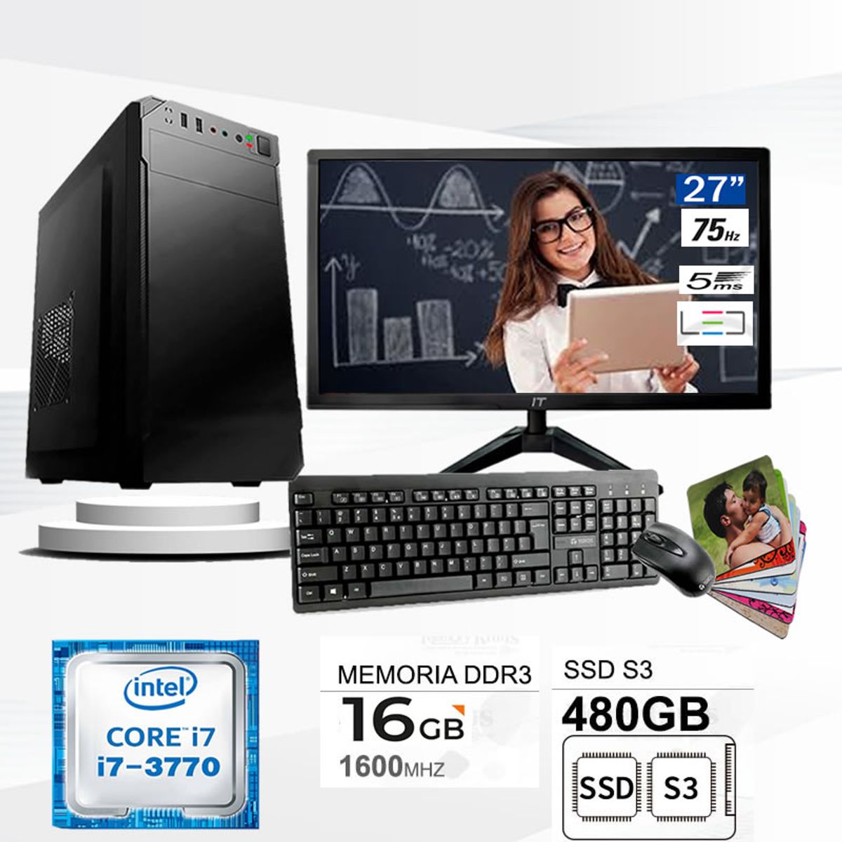 TEROS - Computadora Pc Intel Core i7 3770  Monitor plano 27 fhd' RAM 16 GB SSD 480  GB