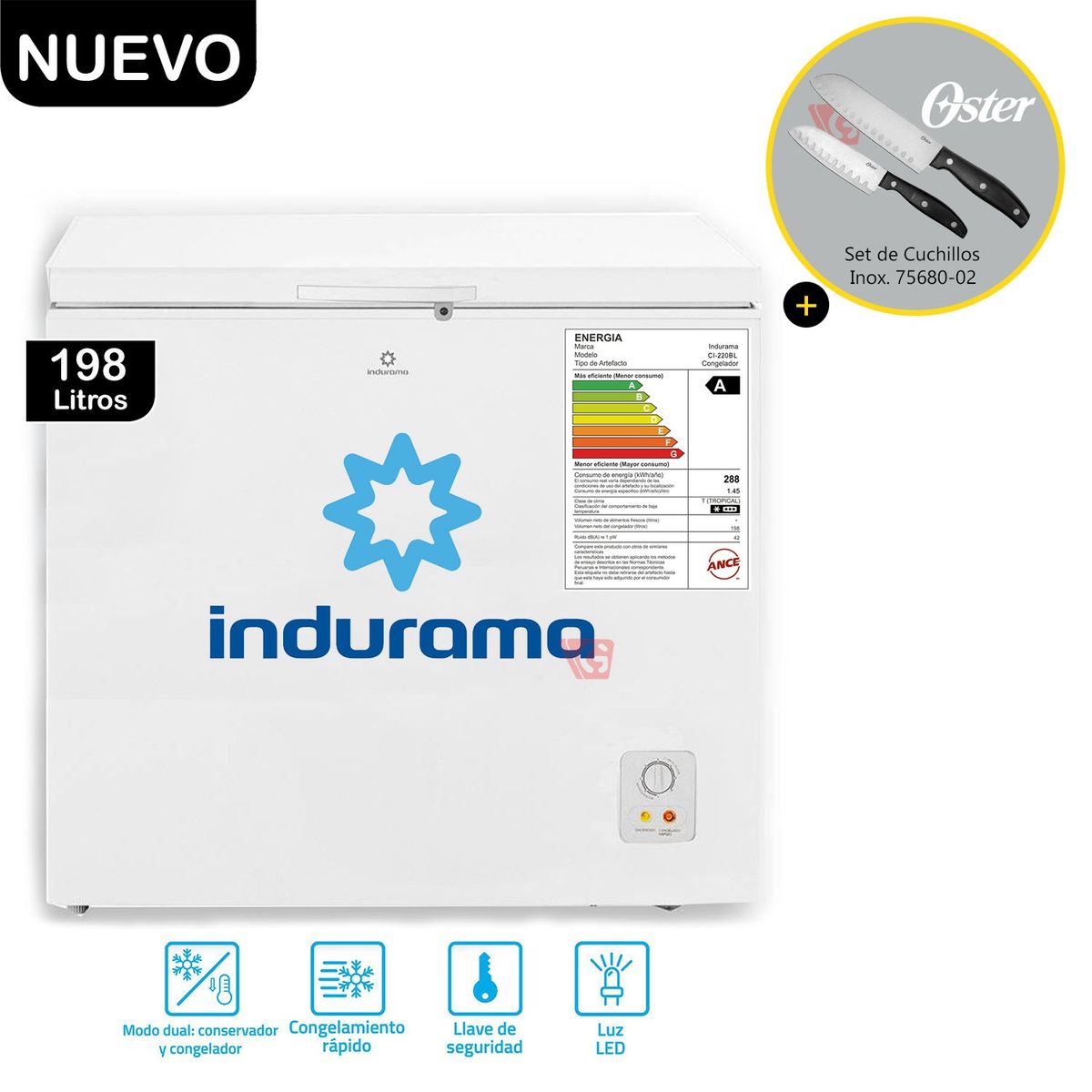 INDURAMA - Congeladora Defrost CI-220BL 198Lts + Set de Cuchillos 75680-02