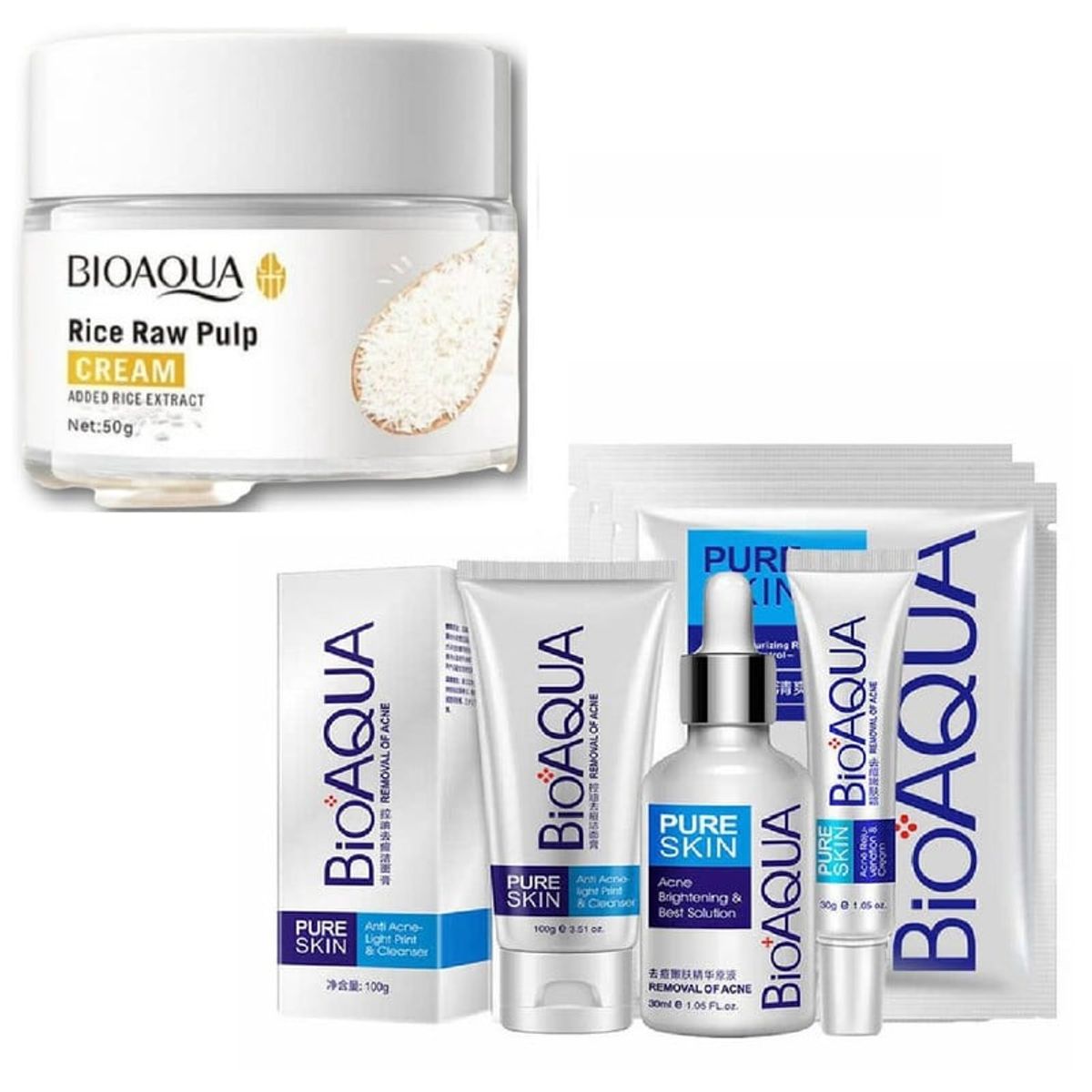 BIOAQUA - PACK CREMA ACLARANTE DE ARROZ Y BIOAQUA PURE SKIN 4 PIEZAS ANTI-ACNÉ