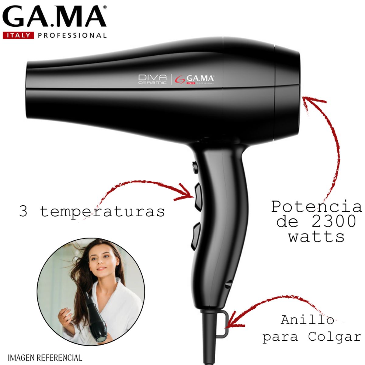 GAMA - Secadora de Cabello Profesional Gama Diva Ceramic 2300 watts
