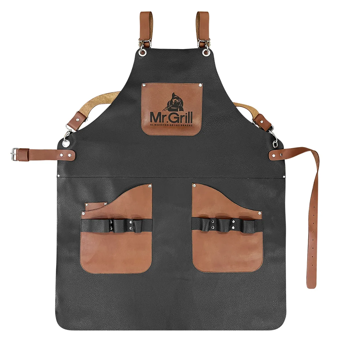 MR GRILL - Mandil Parrillero Cuero Toro Brangus NegroCafé