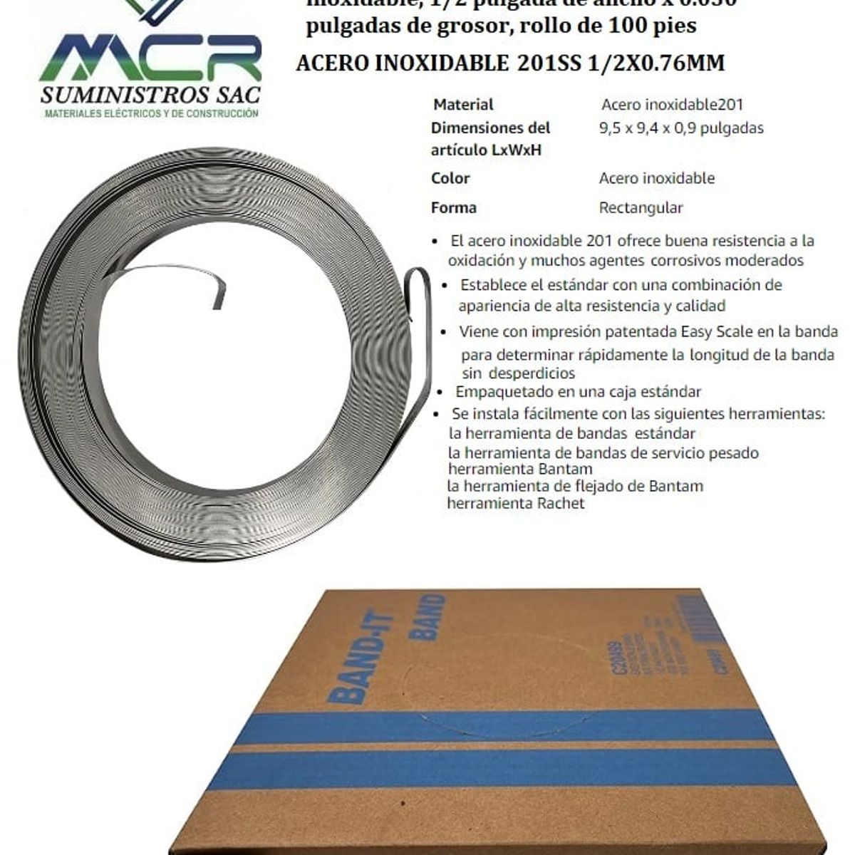 BAND IT - CINTA ZUNCHO O FLEJE DE ACERO INOXIDABLE DE MEDIA PULGADA X 30.5 METR