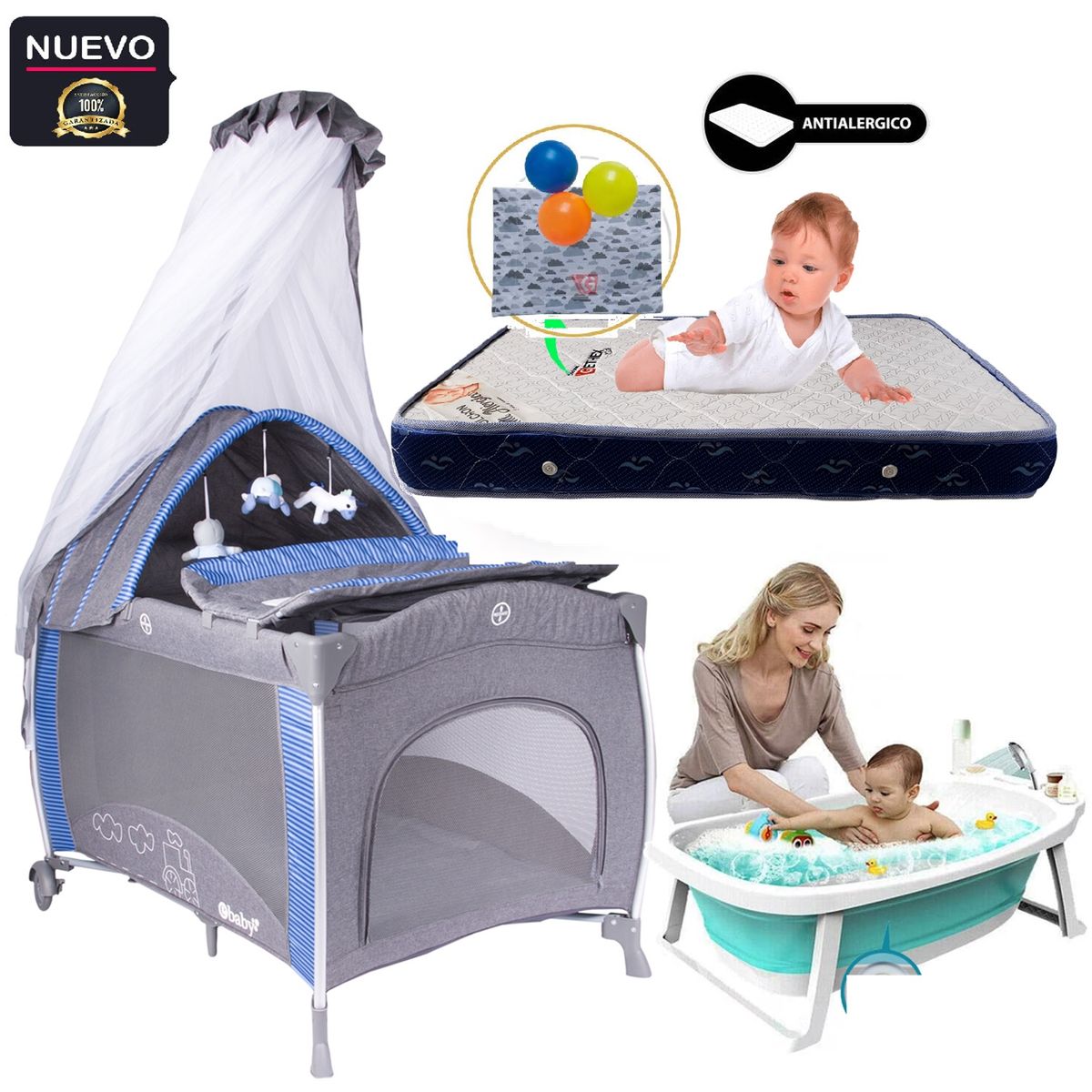 EBABY - Cuna Corral Mecedora Noa con Colchon Azul + Tina celeste