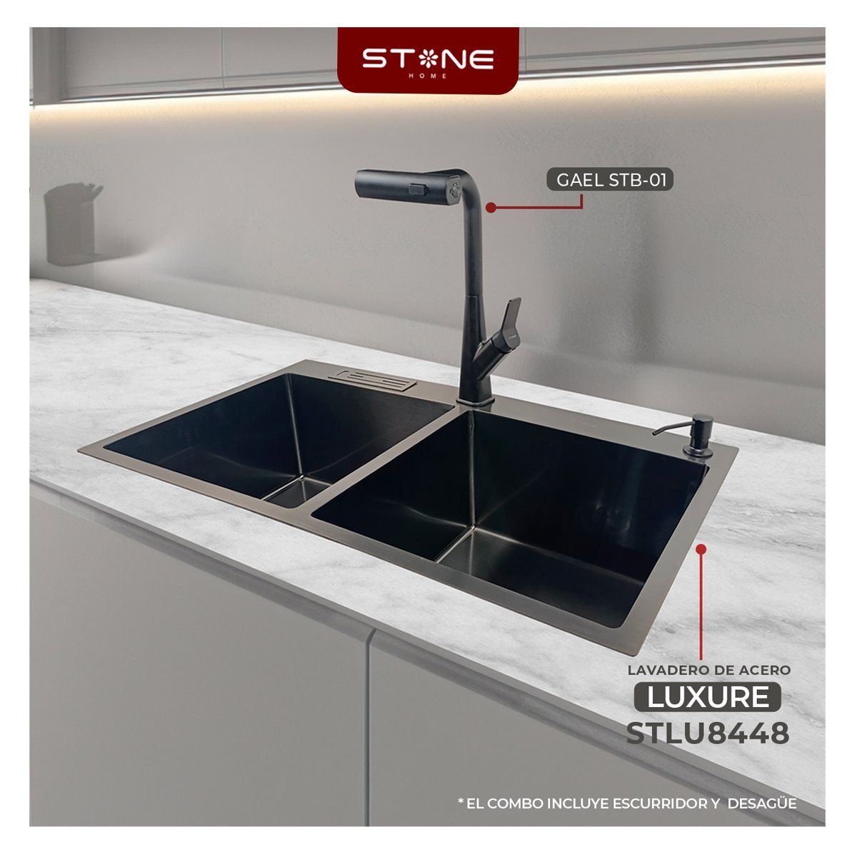 STONE - COMBO LUXURE STLU8448 PORTACUCHILLODISP-JABON+ GAEL STB-01 -STONE