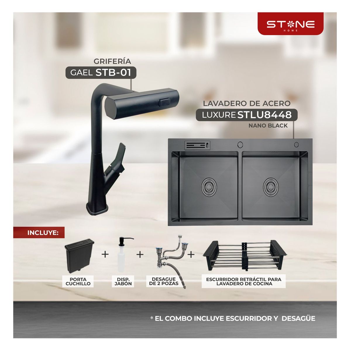 STONE - COMBO LUXURE STLU8448 PORTACUCHILLODISP-JABON+ GAEL STB-01 -STONE