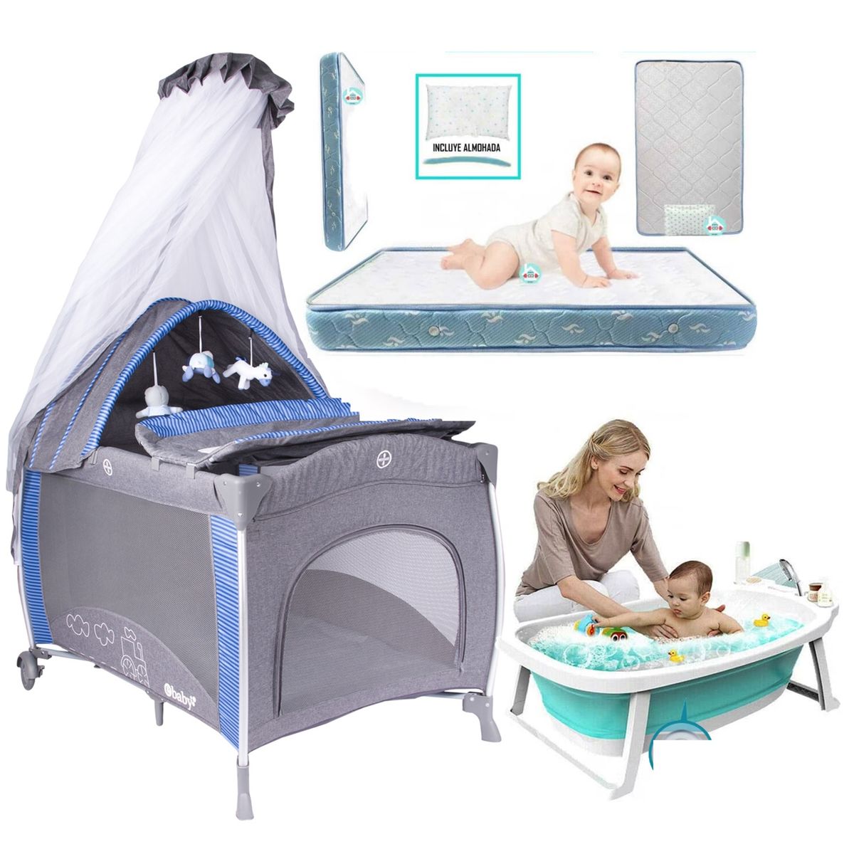 EBABY - Cuna Corral Mecedora Noa Azul  con Colchon celeste + Tina