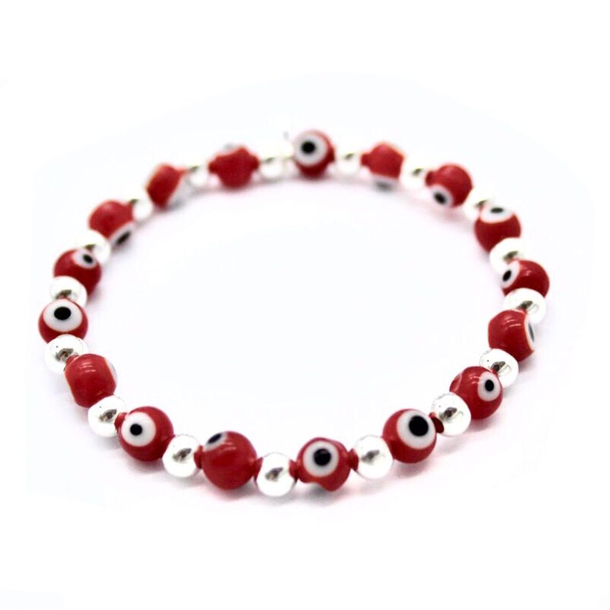 ESPIRAL ROJO - Pulsera de Ojos Turcos y Bolitas de Plata  - Colores Variados