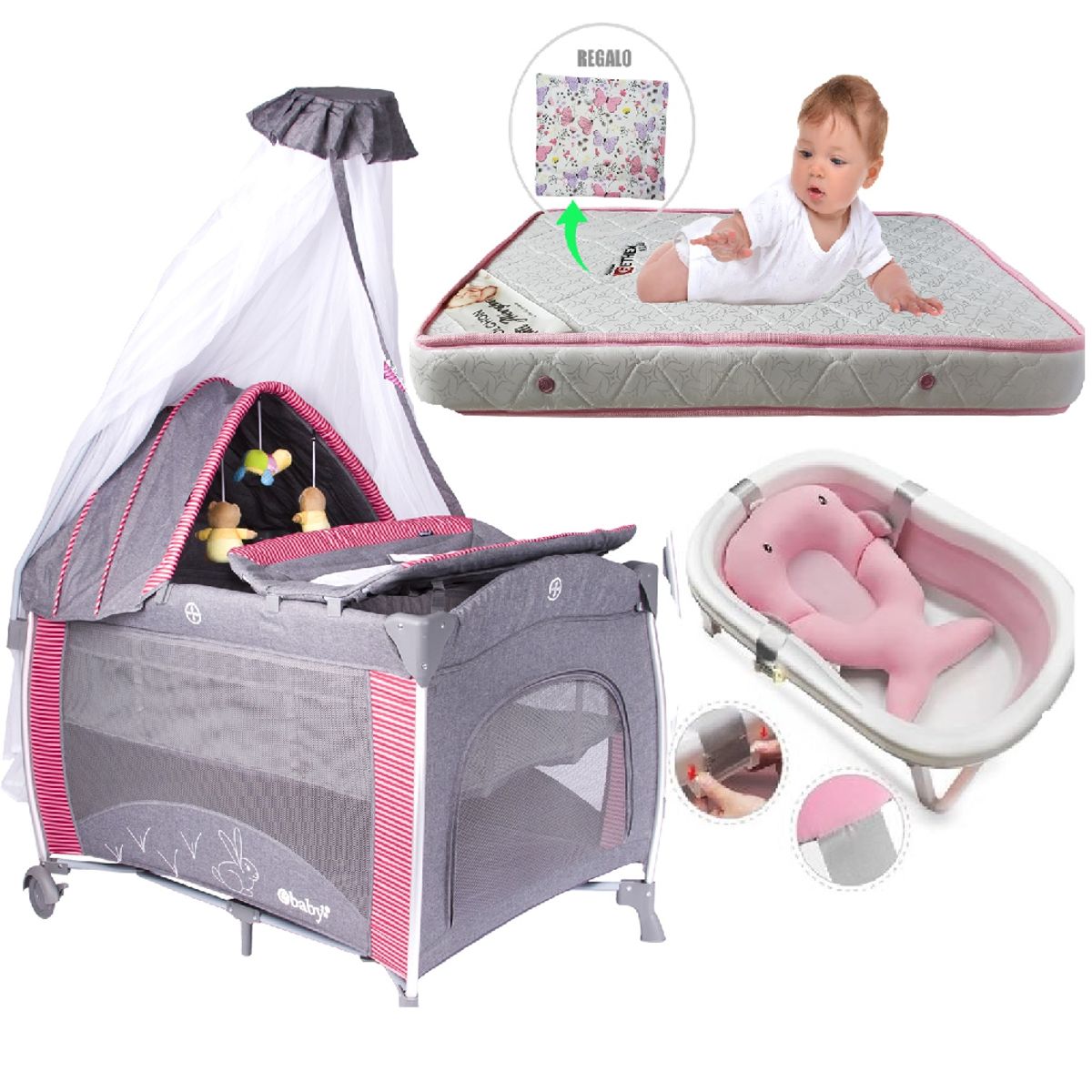 EBABY - Cuna Corral Mecedora Noa Rojo con Colchon + Tina Rosado