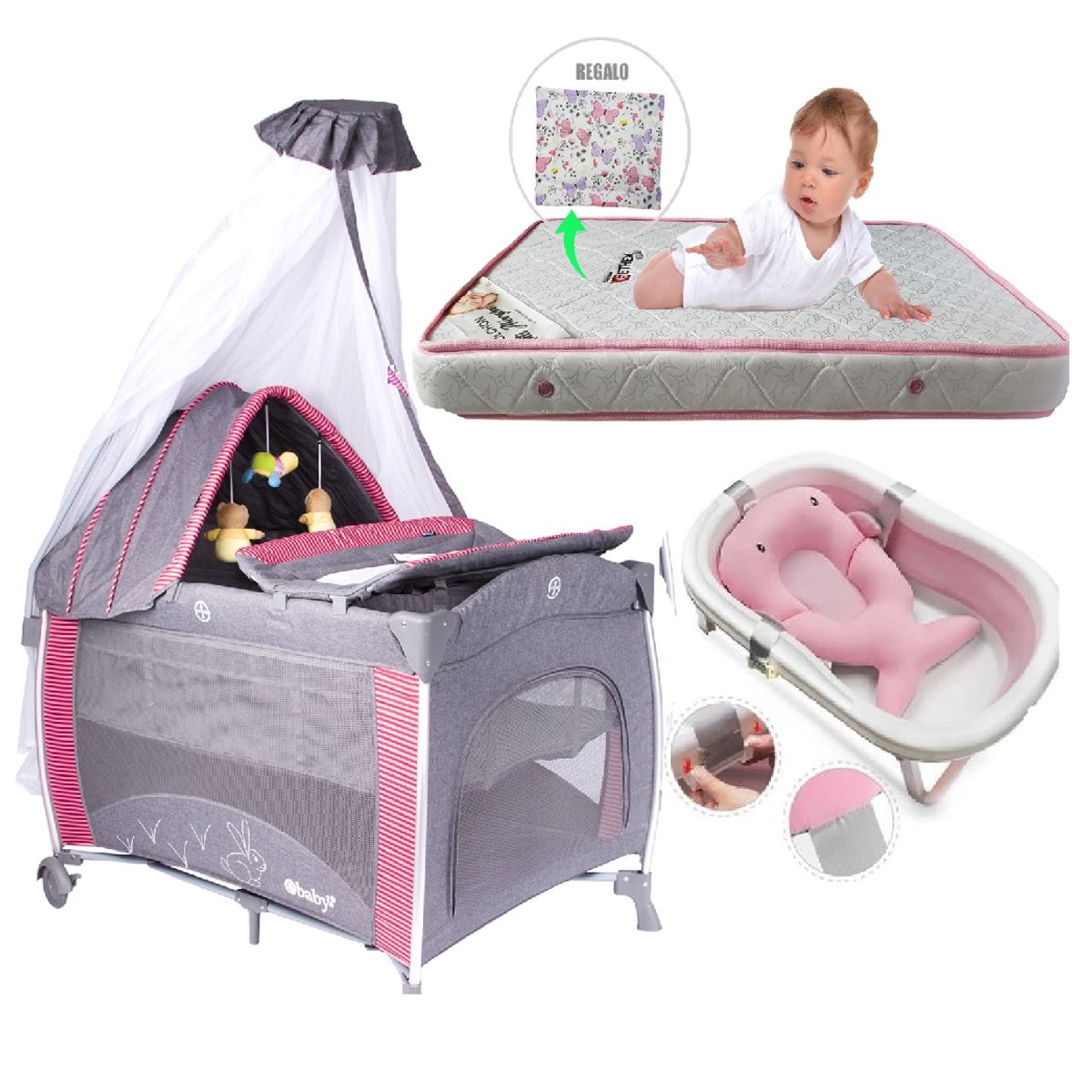 EBABY - Cuna Corral Mecedora Noa Rojo con Colchon + Tina Rosado