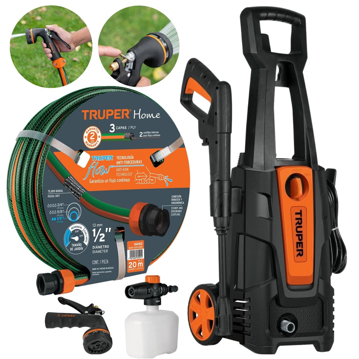 TRUPER - Combo hidrolavadora 1800PSI manguera 20m + pistola de riego Truper