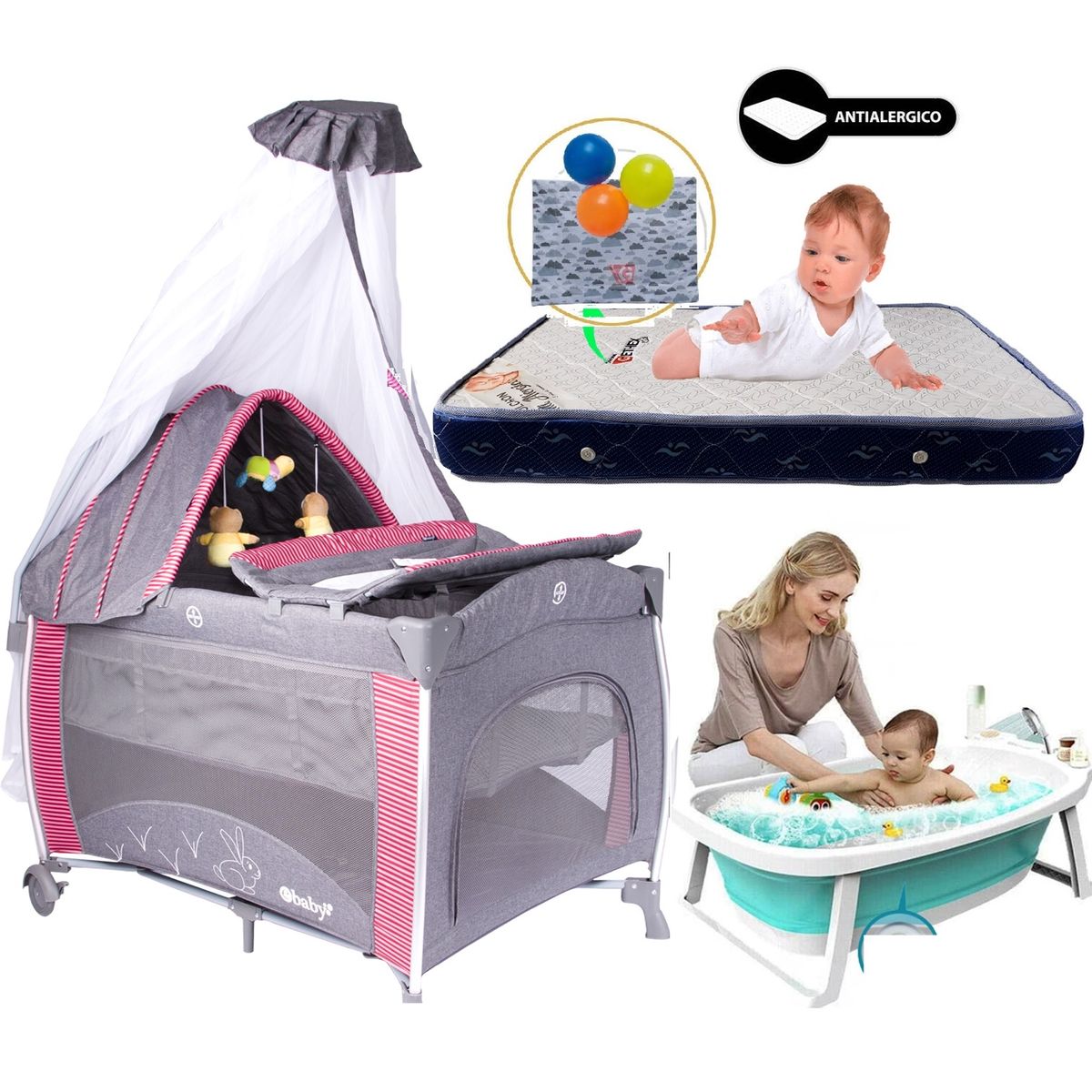 GENERICO - Cuna Corral Mecedora Noa Rojo con Colchon + Tina celeste