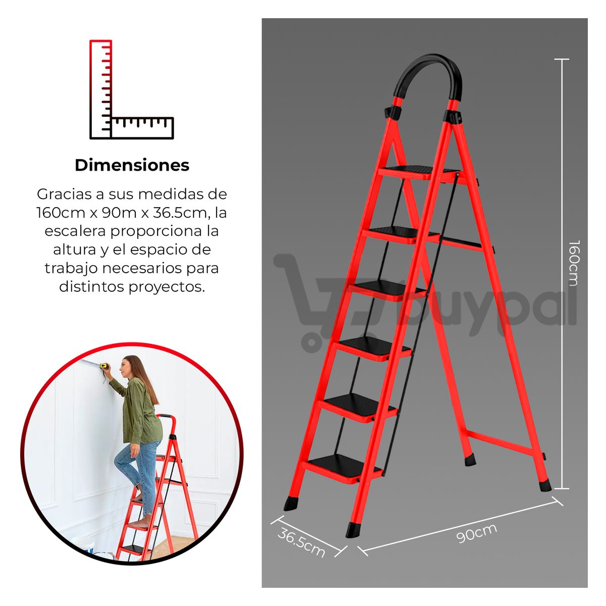 BUYPAL - Escalera 6 Pasos Plegable de Metal Ligera y Segura