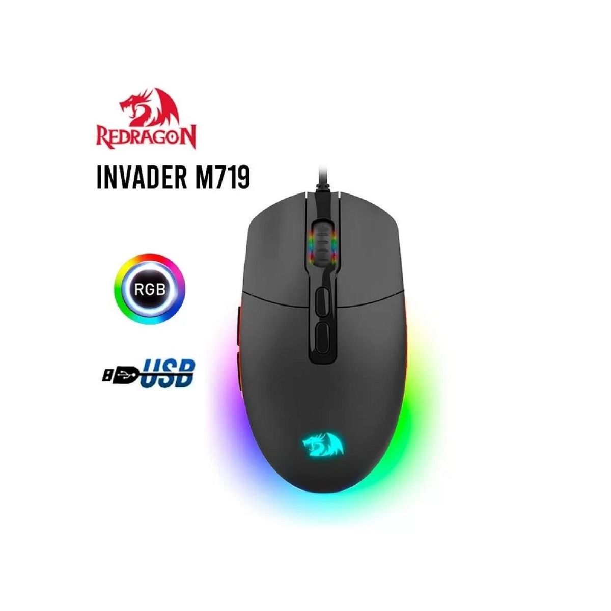 REDRAGON - Mouse Gamer Redragon Invader M719-RGB negro DPI 10000