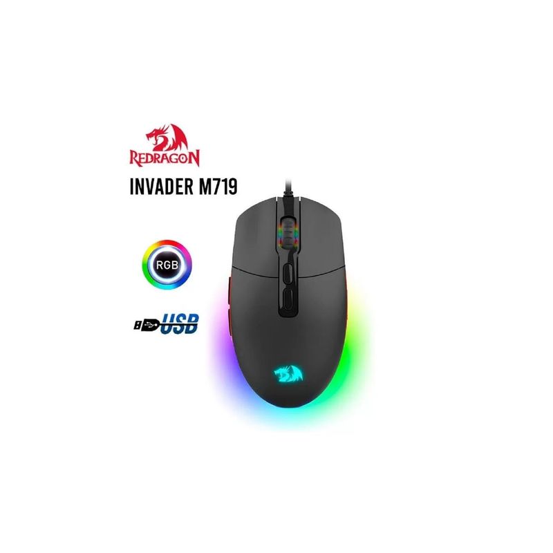 REDRAGON - Mouse Gamer Redragon Invader M719-RGB negro DPI 10000