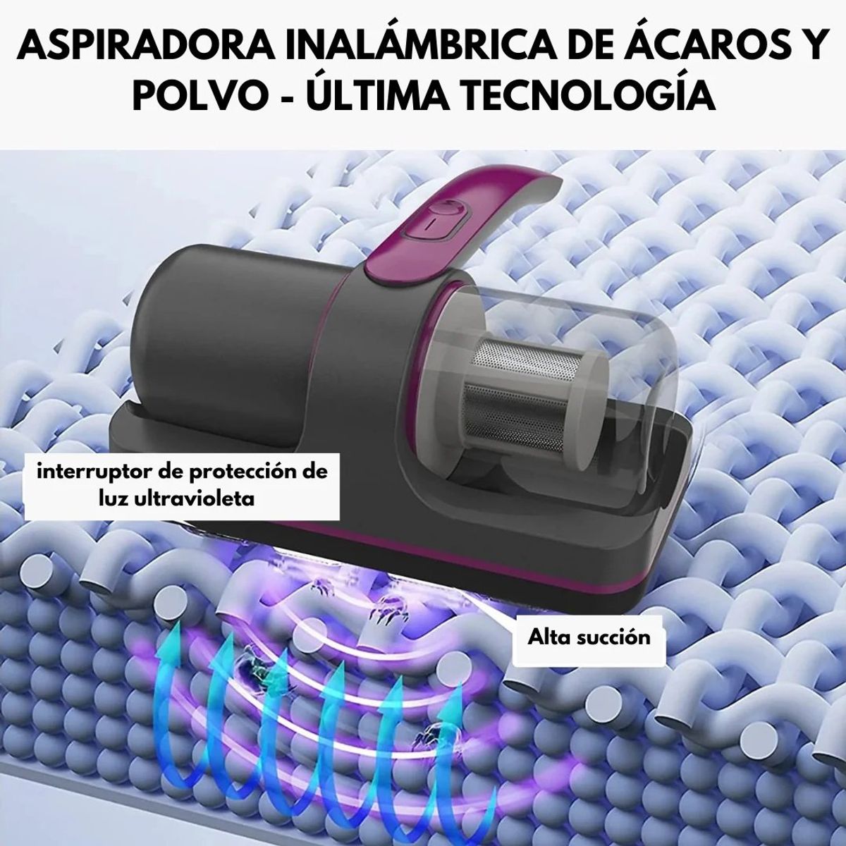 JM IMPORT - Aspiradora de Mano Electrica Elimina Acaros Polvo y Pelos con Luz UV