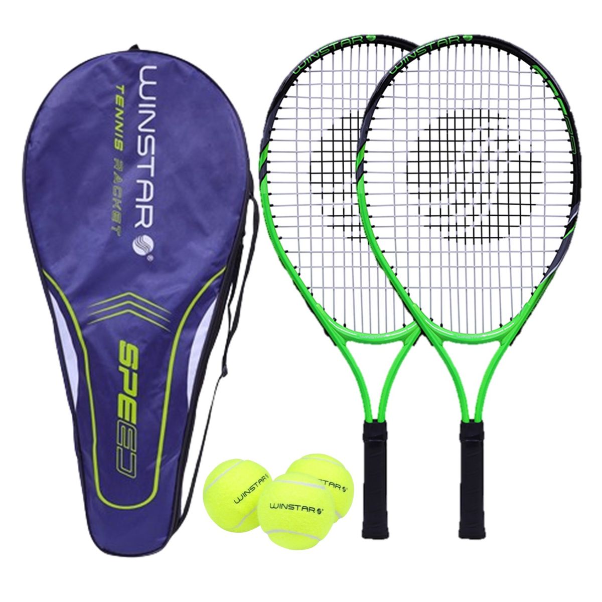 WINSTAR - RAQUETAS PARA TENIS ALUMINIO 23 SPEED + PELOTAS JUNIOR VERDE