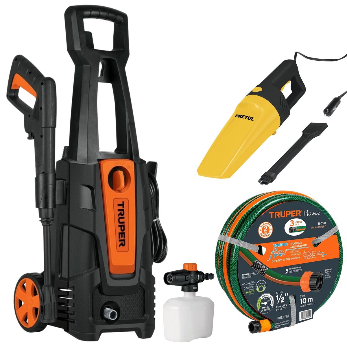 TRUPER - Combo hidrolavadora 1800PSI,  Aspiradora 12V, manguera de 10m TRUPER