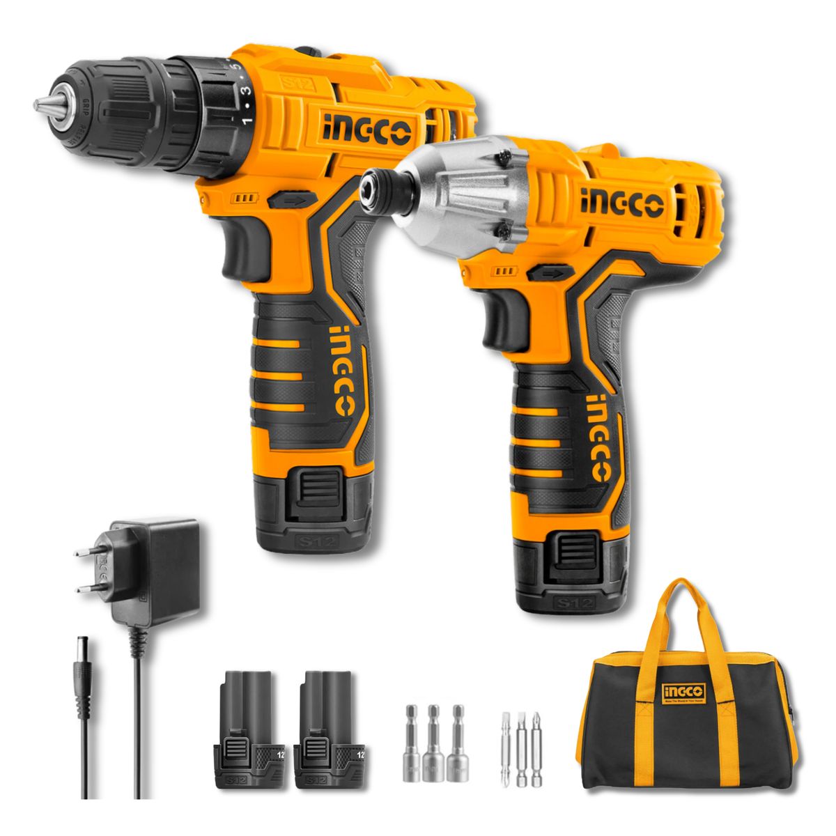 INGCO TOOLS - Combo taladro atornillador + taladro atornillador de impacto 12v Ingco