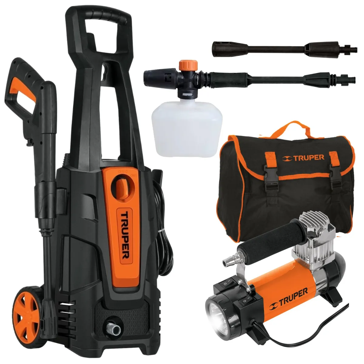 TRUPER - Combo hidrolavadora alta Presión 1800PSI + compresor de aire linterna