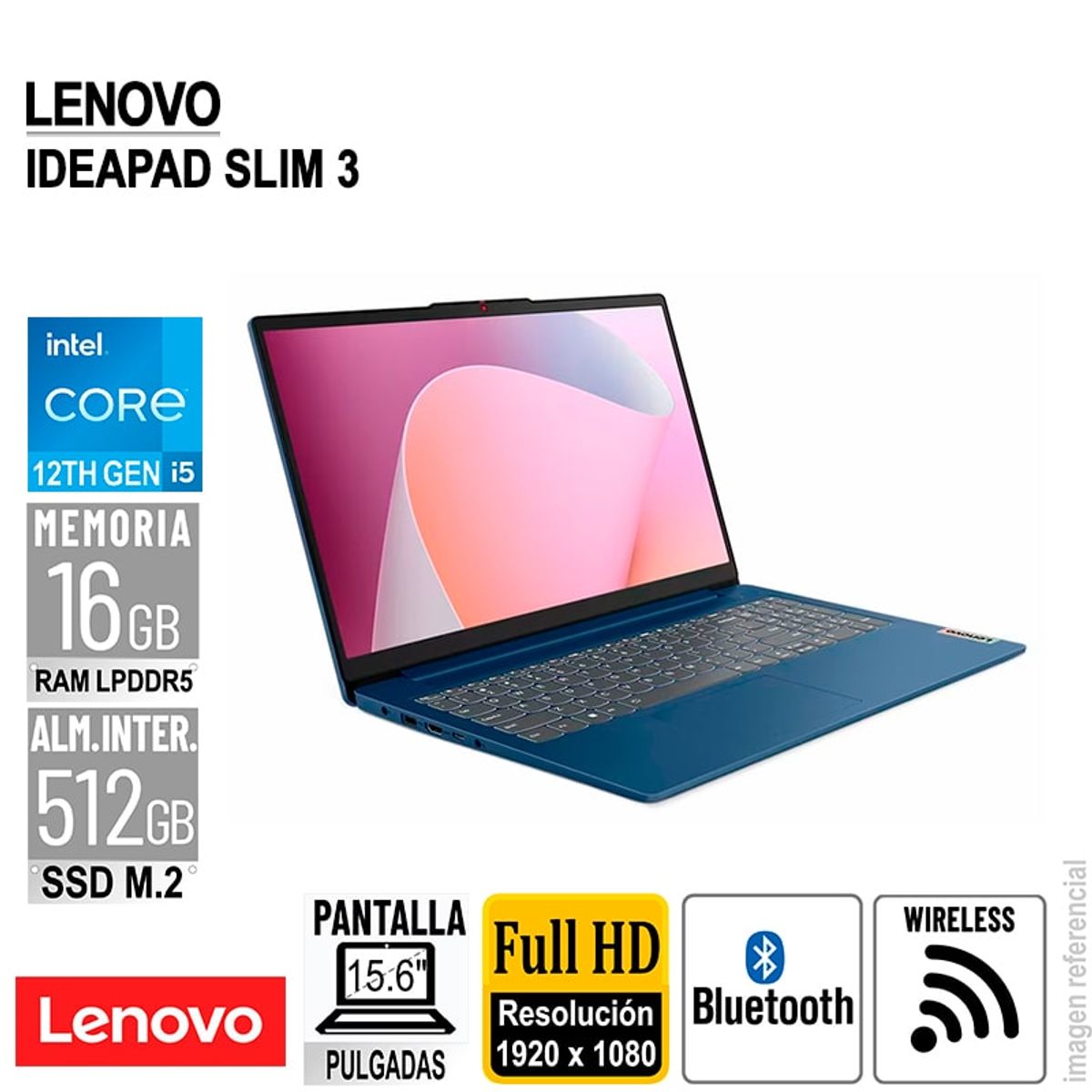 LENOVO - LAPTOP LENOVO IDEAPAD SLIM3 FHD 156 INTEL COREI5-12450H RAM 16GB-LPDDR5 512GB SSD SIN SISTEMA OPERATIVO