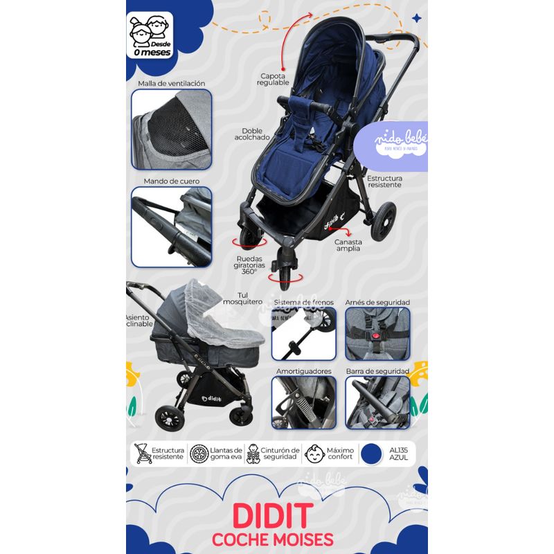 GENERICO - Coche Cuna Moises de Lujo DIDIT AZUL