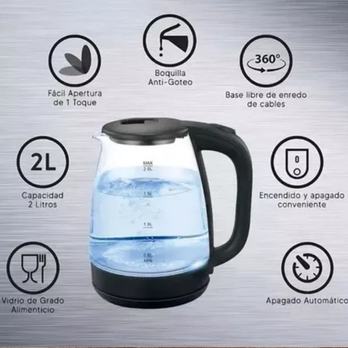 IMPORTADO MC - Hervidor Vidrio Eléctrico de Vidrio 2 Litros - Colores Variados