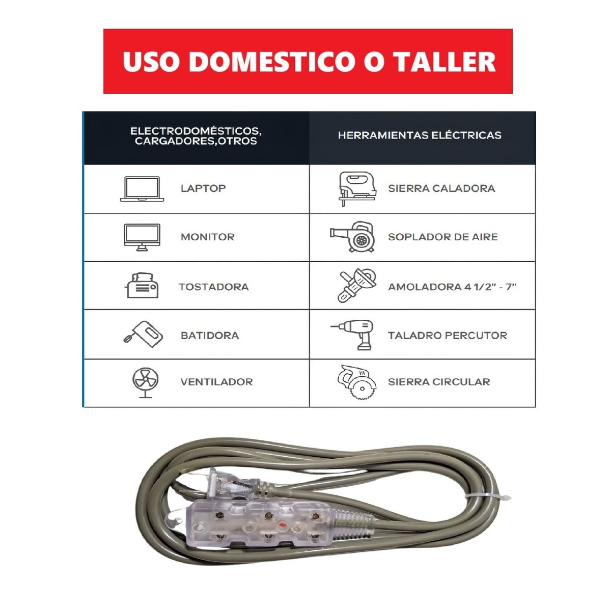 HOME LIGHT - Extensión Eléctrica Vulcanizado 15 Metros x 3 Tomas GRIS