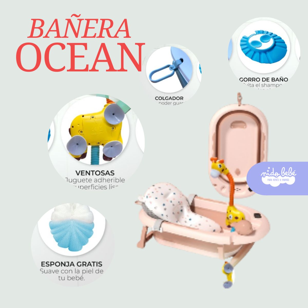 GENERICO - Bañera OCEAN de bebé con termómetro digital ROSA