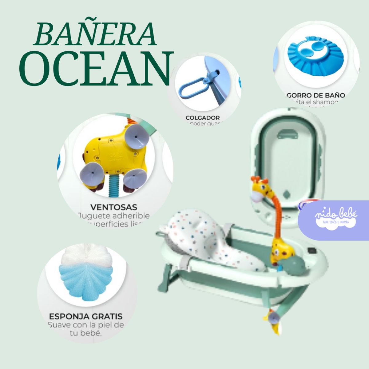 GENERICO - Bañera OCEAN de bebé con termómetro digital Verde