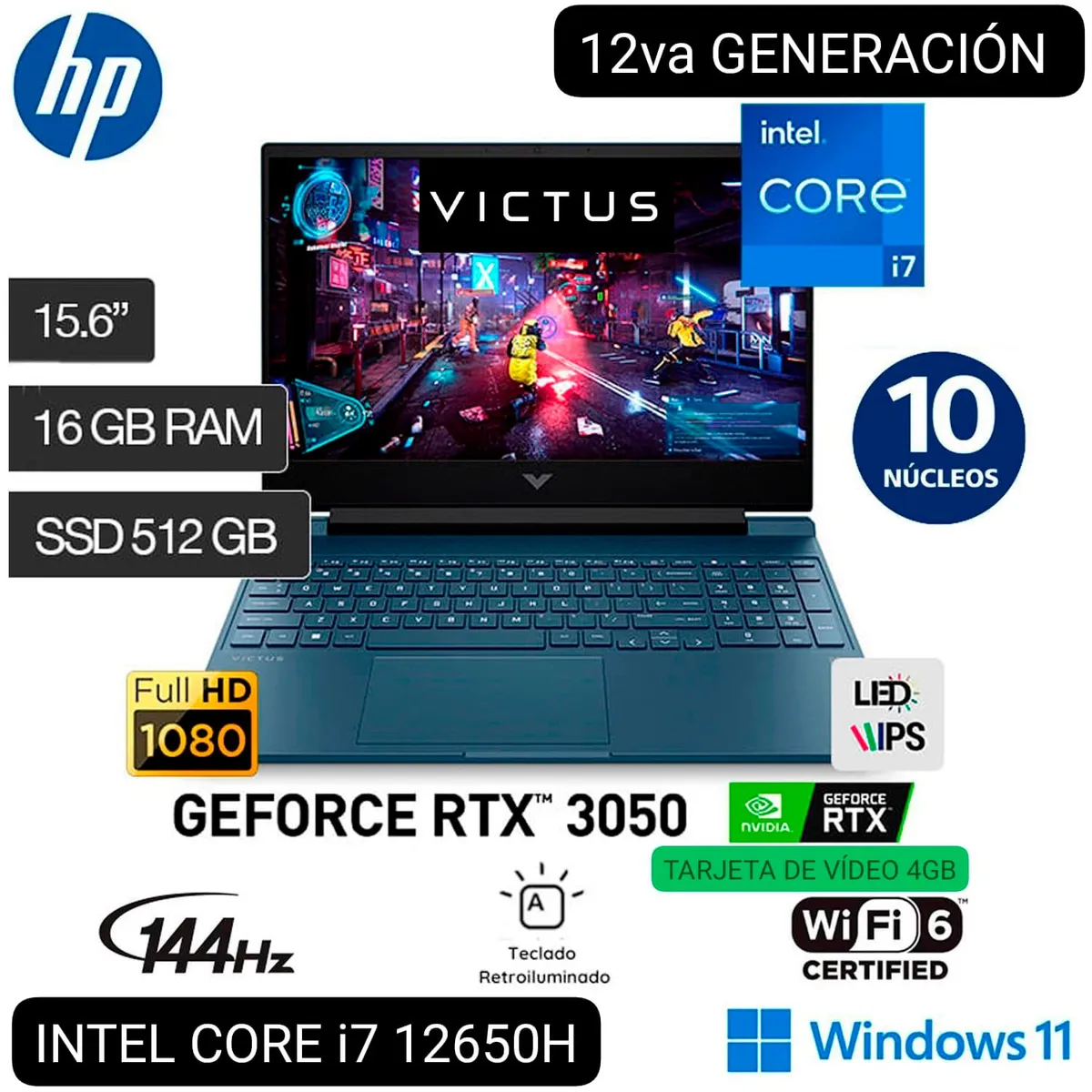 HP - LAPTOP GAMER HP VICTUS 15-FA0007LA	 i7 12° GEN. 15.6" FHD IPS 144Hz 16GB 512GB SSD RTX 3050 4GB W11