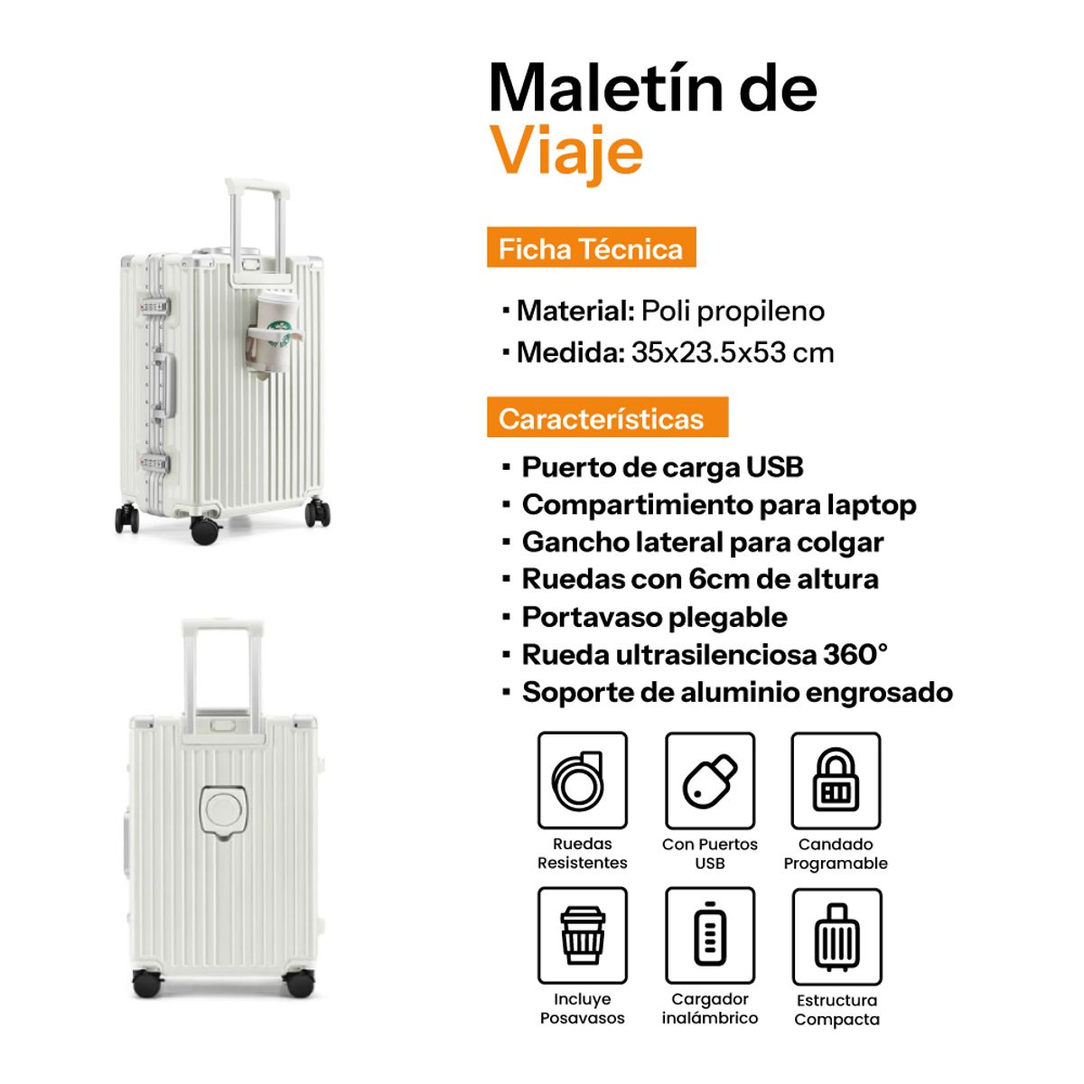 DECOKASA - Maleta Carry On de Cabina BLANCO