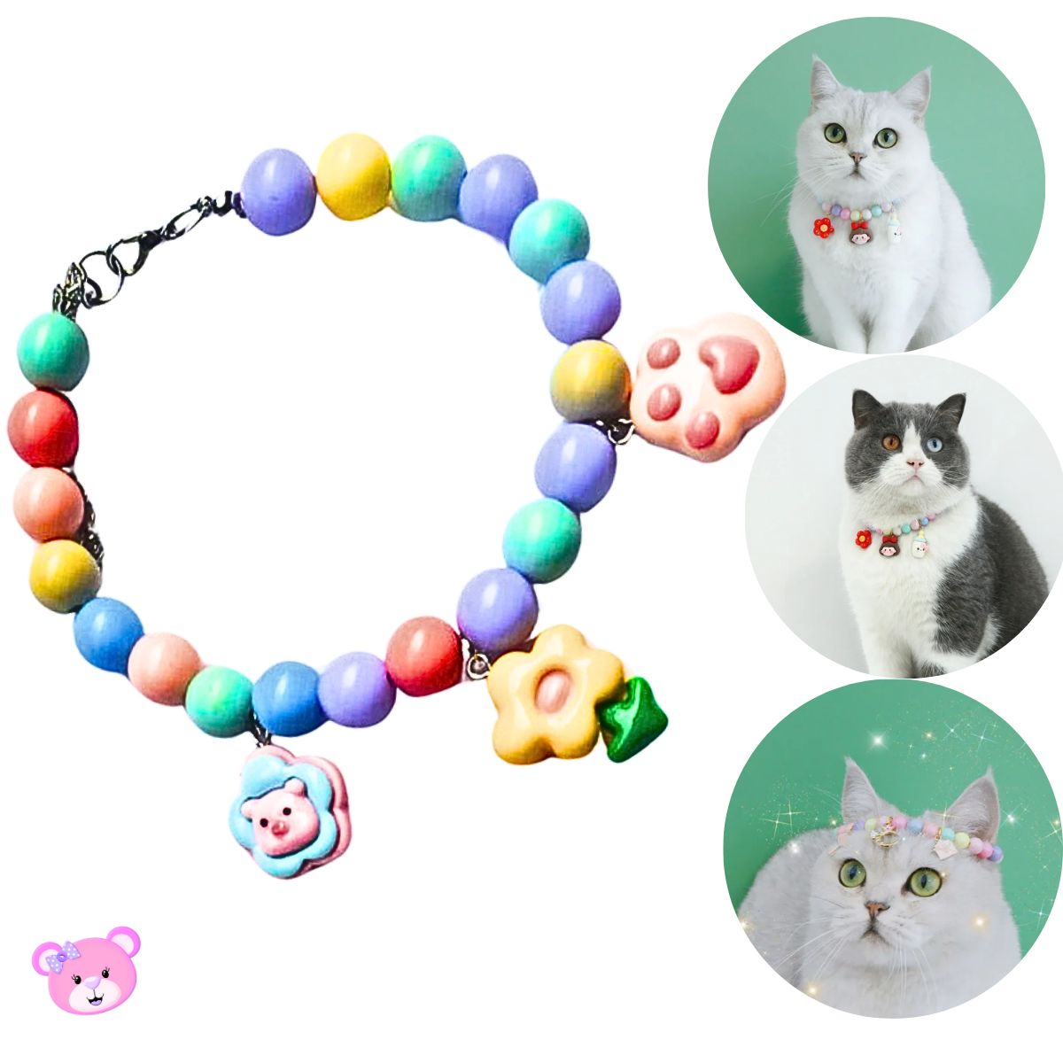 GENERICO - COLLAR PERLAS DE COLORES MASCOTA PERRO GATO - OSITO