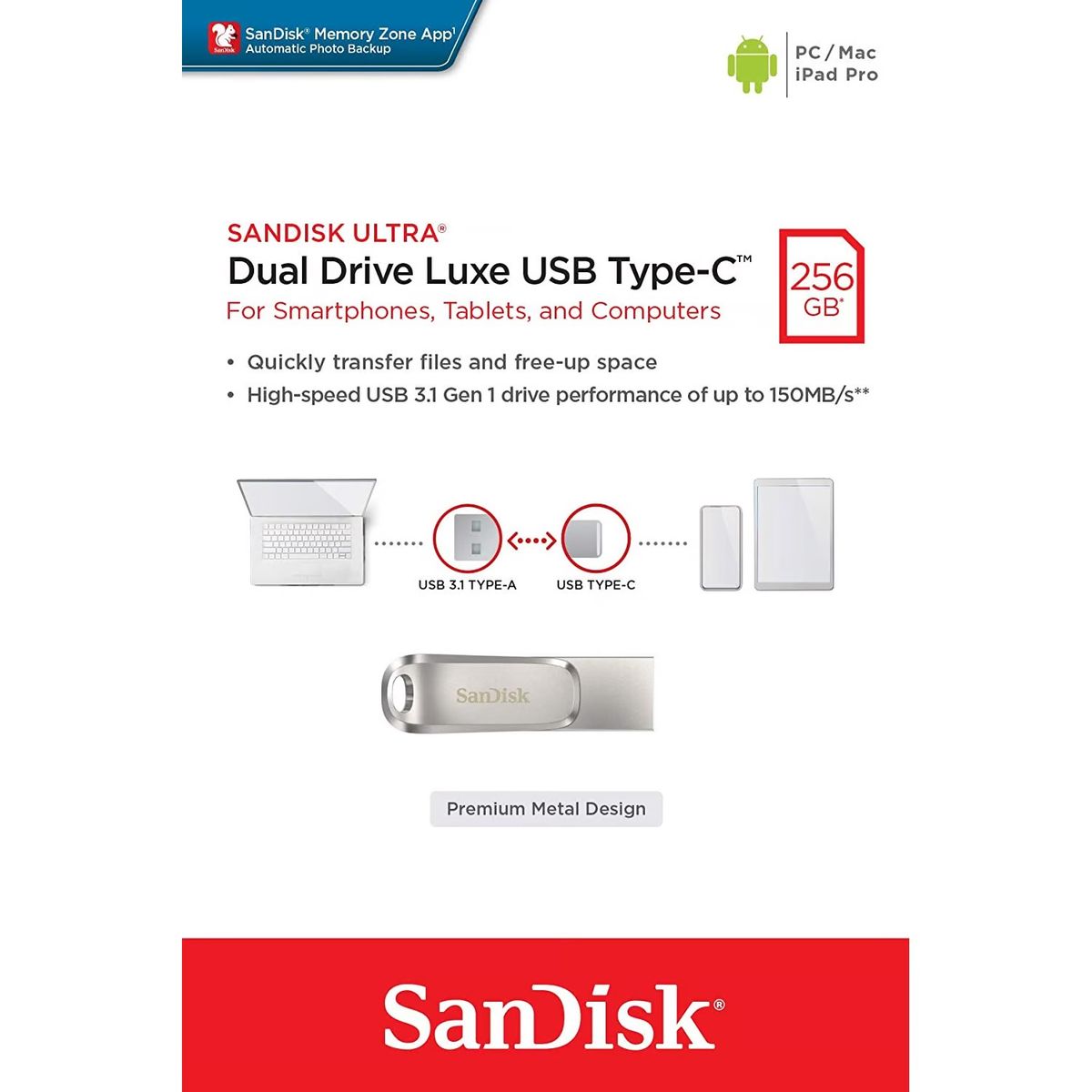 SANDISK - Sandisk USB y USB-C Memoria Dual Drive luxe 150mbs 256GB