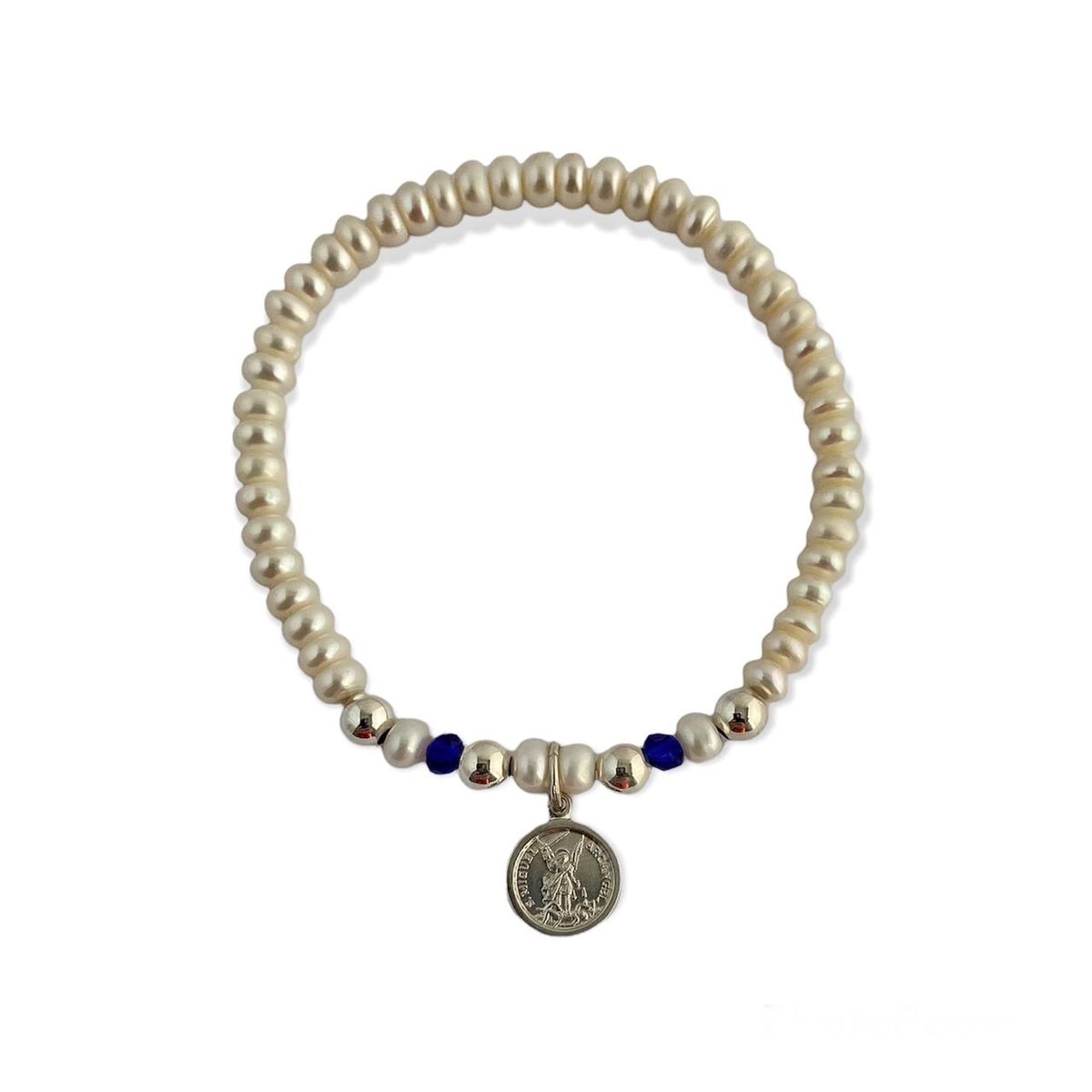 SANTORAL - Pulsera San Miguel Arcangel con Muranos Azules Plata y Perlas