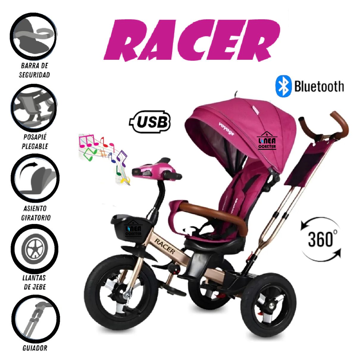 VOYAGE - Triciclo Miusical USB Bluetooth Racer Giratorio -Rosa