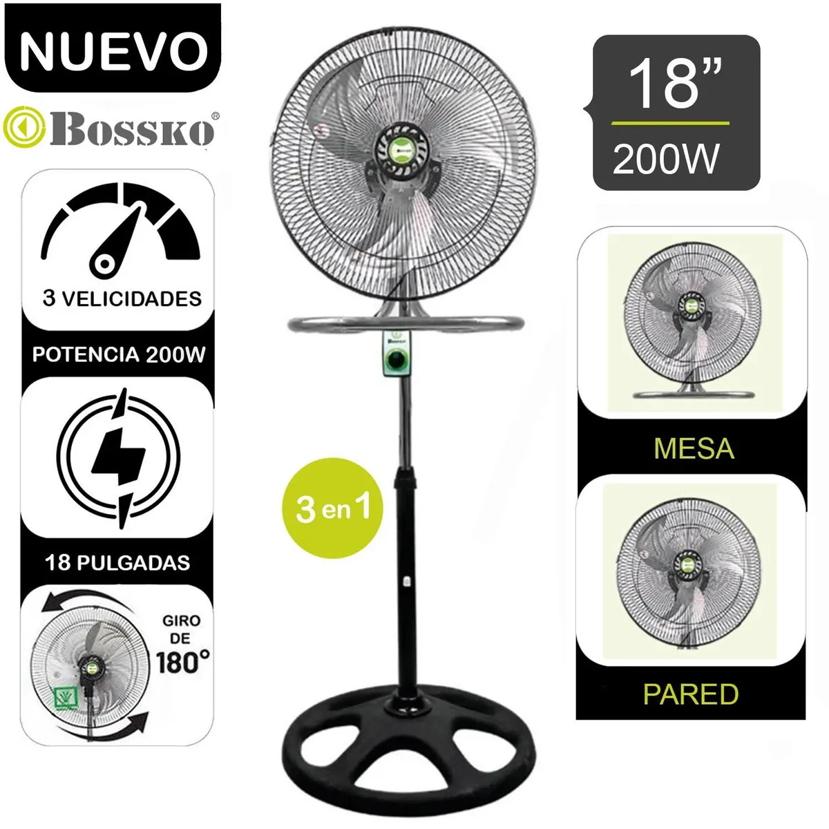 BOSSKO - Ventilador Pedestal 3 en 1 BK-8218VING De 18" 200 Watts
