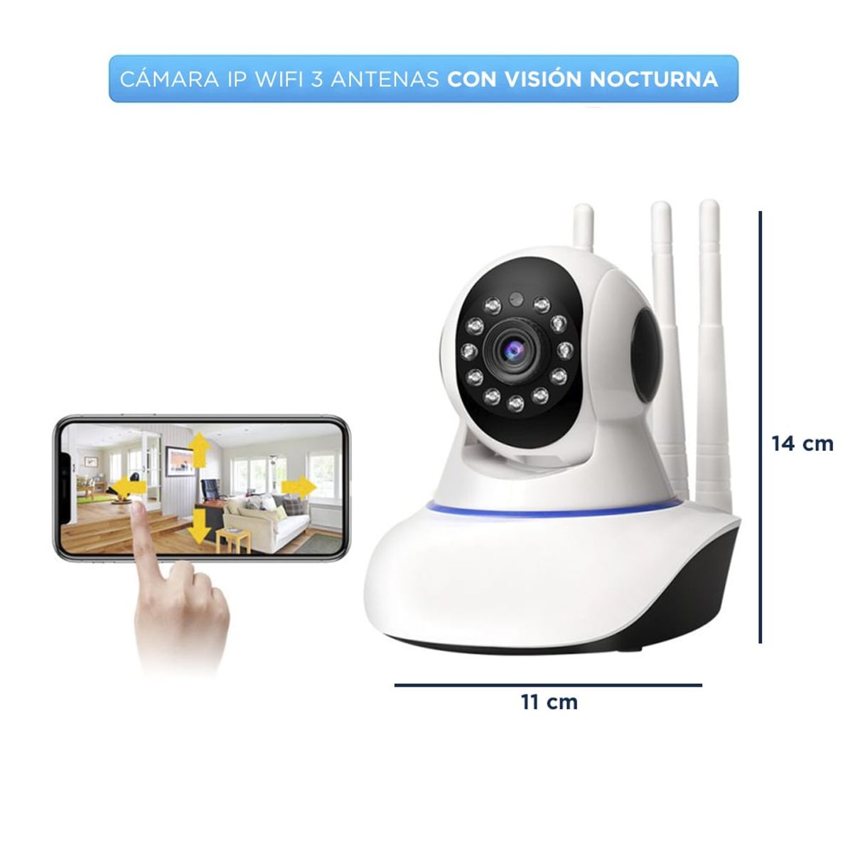 GENERICO - Cámara de Seguridad IP WiFi 3 Antenas con Visión Nocturna Full HD 360°