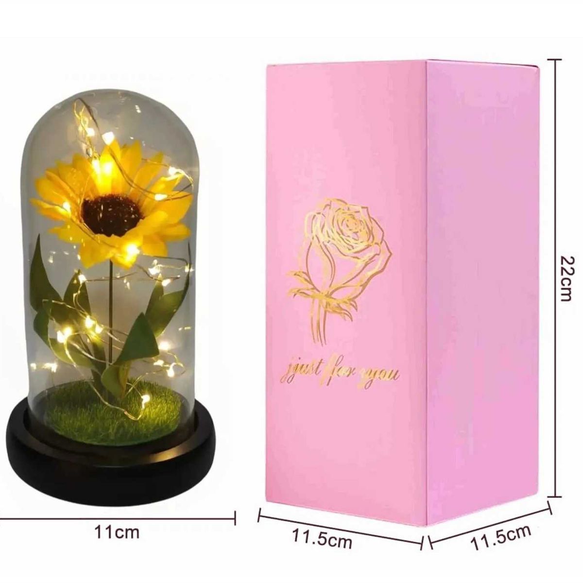 GENERICO - Girasol Eterno cúpula de vidrio regalo luz led - Flores Amarillas