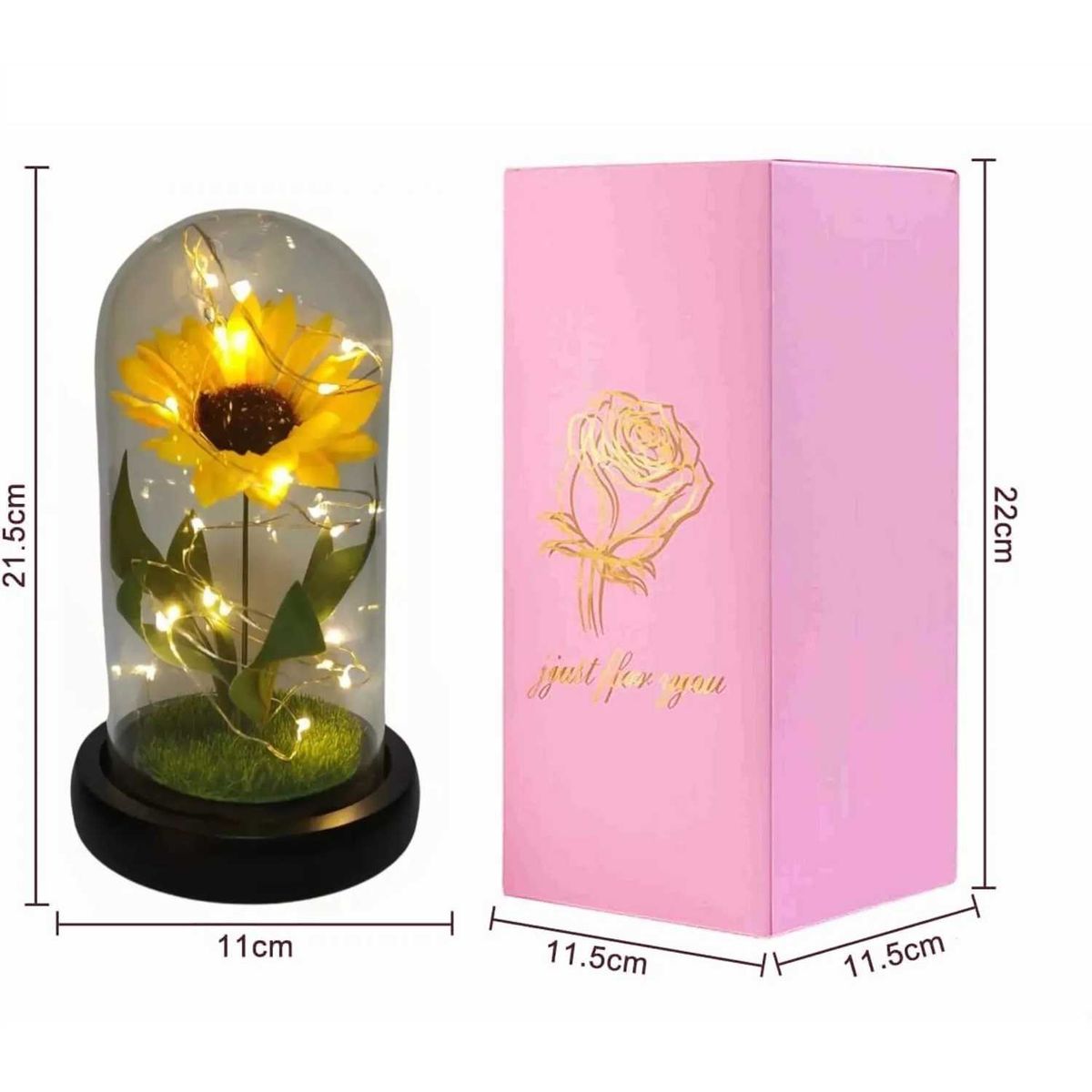 GENERICO - Girasol Eterno cúpula de vidrio regalo luz led - Flores Amarillas